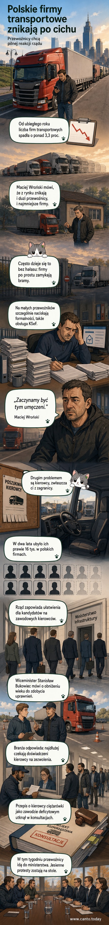 Ilustracja przedstawiająca puste drogi, stojące ciężarówki i zmęczonego kierowcę z tłem biurokratycznych papierów.