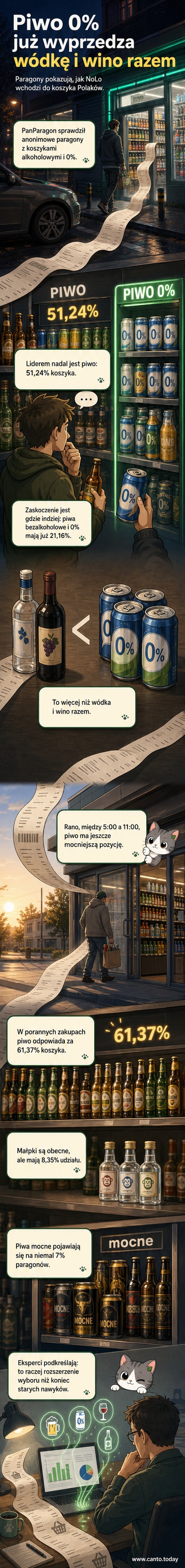 Ilustracja przedstawiająca zestaw piw bezalkoholowych i tradycyjnych obok siebie, z symbolem 0% i grafiką wzrostu sprzedaży na tle polskiej flagi.