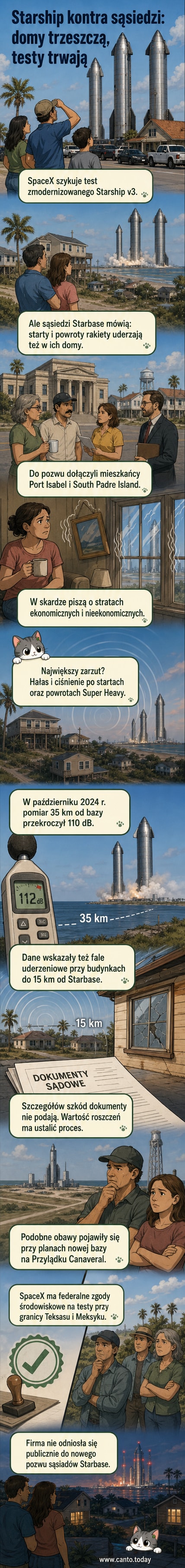 Ilustracja przedstawiająca falę uderzeniową pochodząca od startu rakiety SpaceX Starship, docierającą do pobliskich domów, z napisem 'Sąsiedzi SpaceX przeciw hałasowi Starship'.