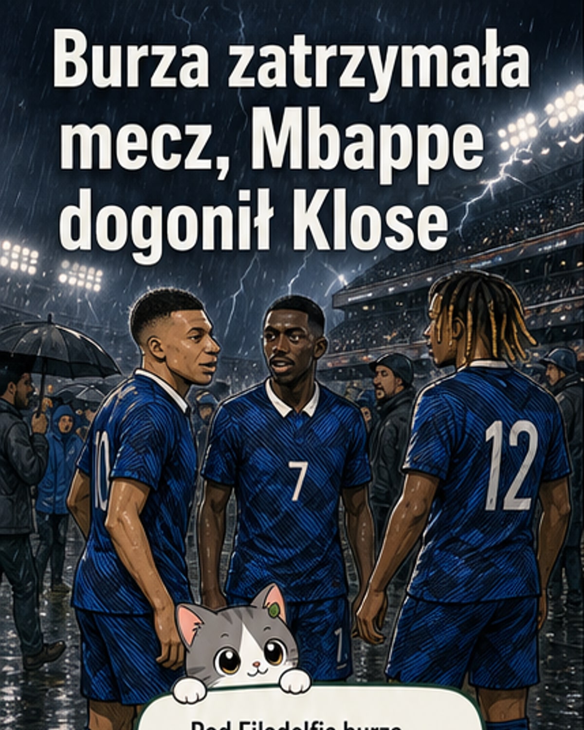 Kylian Mbappé świętujący gol na zalanej murawie, z deszczem i pustymi trybunami w tle.