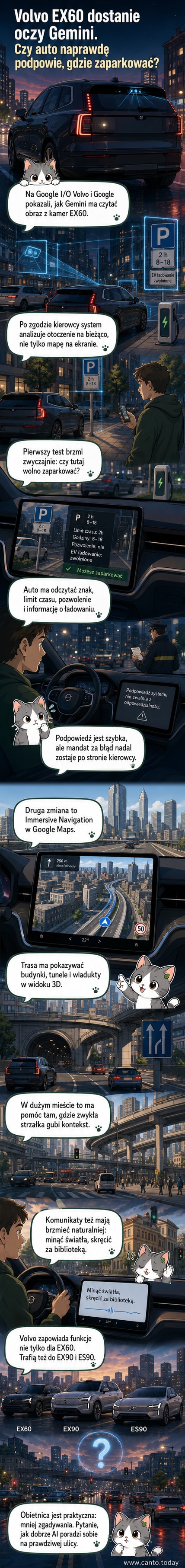 Wizualizacja kokpitu Volvo EX60 z wyświetlaczem nawigacji 3D i ikoną Google Gemini pokazującą analizę otoczenia