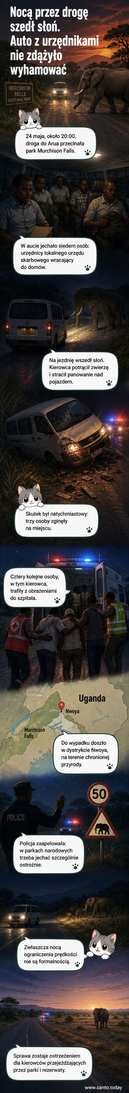 Samochód osobowy na bocznej drodze w parku narodowym, z uszkodzonym przodem, w tle krajobraz trawiasty – ilustracja sytuacji po zderzeniu z dzikim słoniem.