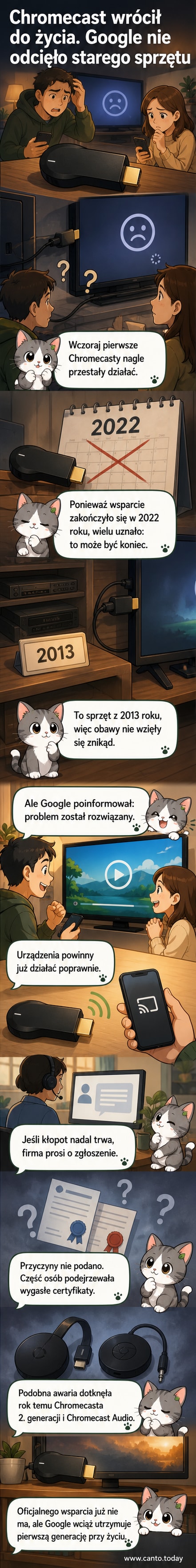 Stylizowany Chromecast pierwszej generacji podłączony do telewizora, z ikoną Google i komunikatem 'ponownie dostępny'