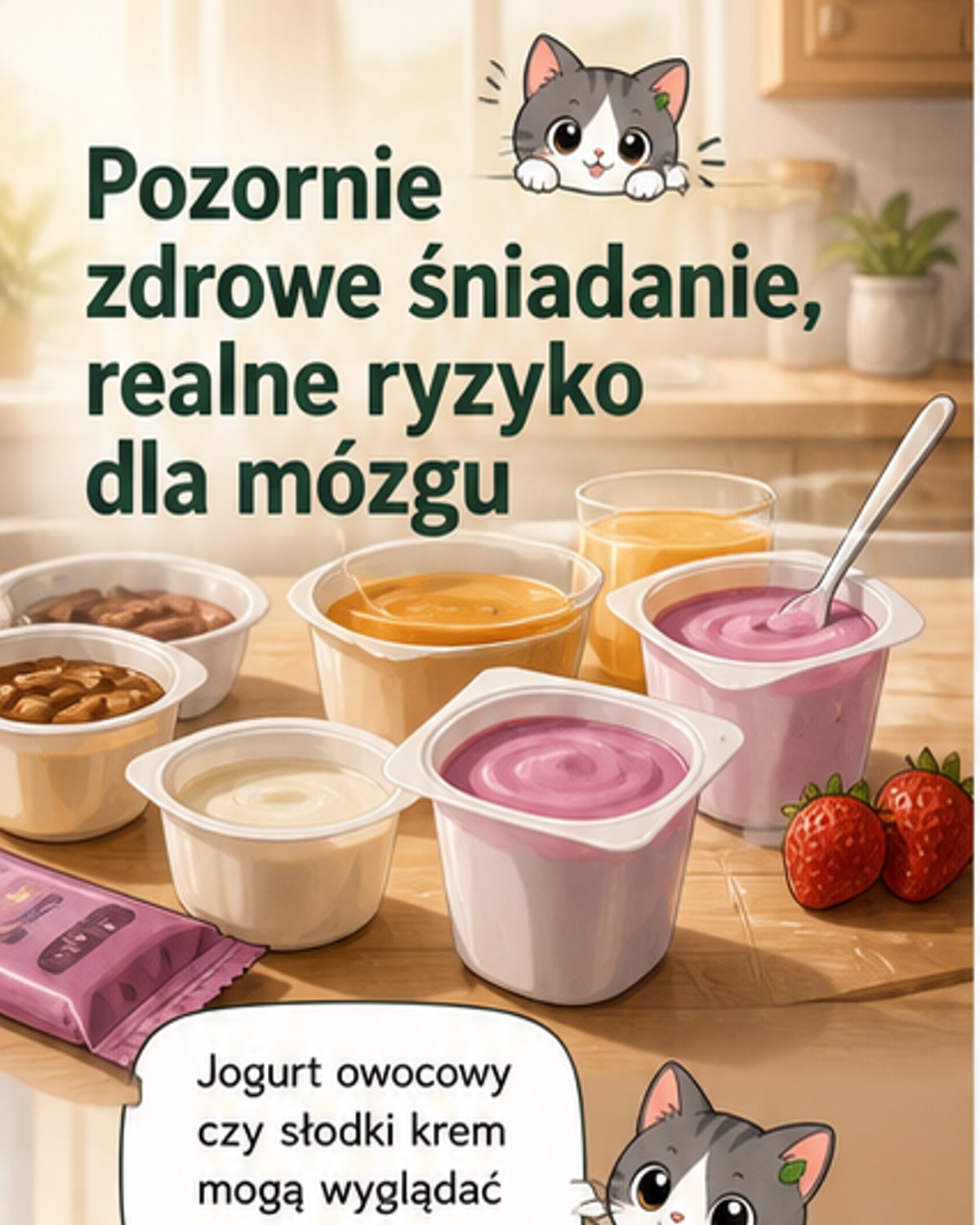 Ilustracja mózgu z otaczającymi go produktami spożywczymi – po jednej stronie świeże owoce i warzywa, po drugiej opakowania z żywnością przetworzoną, symbolizująca wpływ diety na zdrowie mózgu