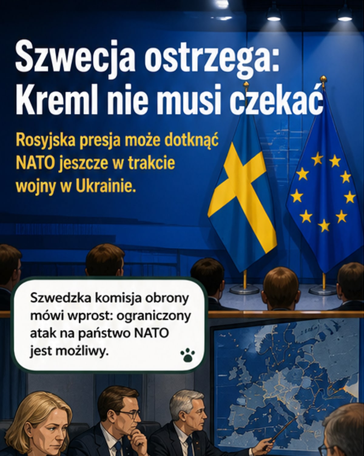 Mapa północnej Europy z zaznaczonymi granicami Rosji, Finlandii, Norwegii i Szwecji, z ikonami wojskowymi wskazującymi rozbudowę rosyjskiej infrastruktury wojskowej.