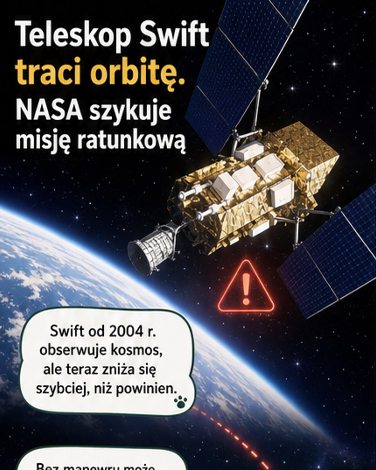 Ilustracja przedstawiająca statek kosmiczny LINK dokujący do teleskopu Swift na orbicie, podczas gdy Ziemia widać w tle.