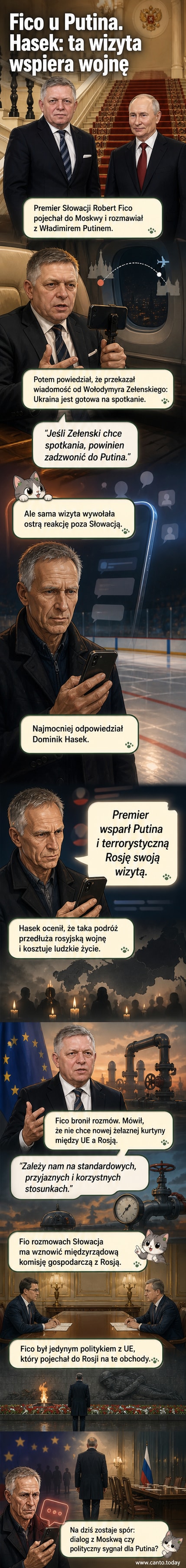 Robert Fico i Władimir Putin podczas spotkania w Moskwie, tło z flagami Słowacji i Rosji