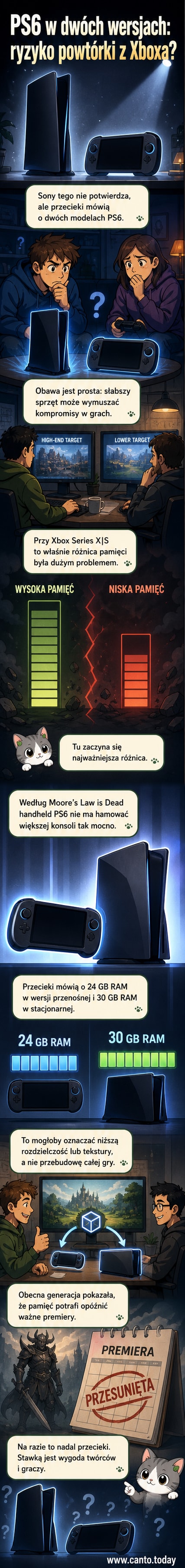 Ilustracja dwóch konsol PlayStation 6 – stacjonarnej i przenośnej – z widoczną różnicą w rozmiarze, ale podobnym wyglądzie i interfejsie.