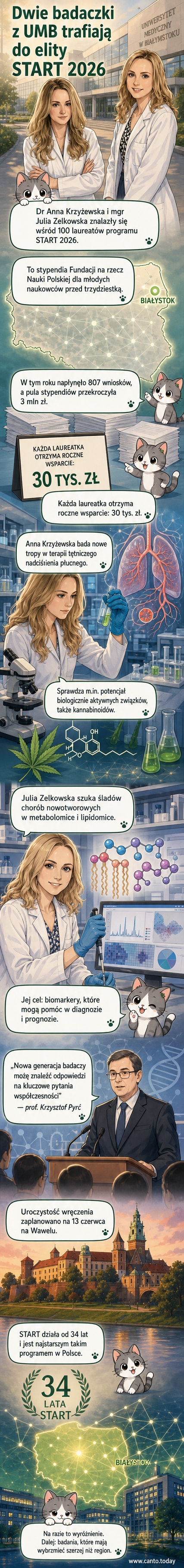 Ilustracja dwóch młodych naukowczyń w laboratorium, jedna analizuje dane na ekranie, druga pracuje przy mikroskopie, tło z symbolem DNA i strukturą mózgu.