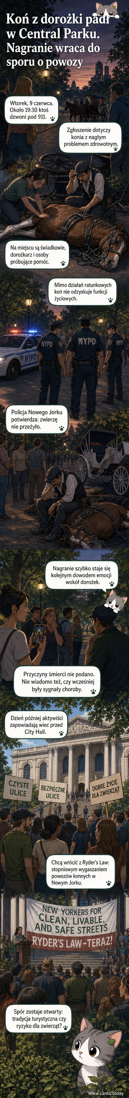 Zdjęcie z Central Parku: leżący na trawie koń, dorożkarz i przechodnie stojący w pobliżu, niektórzy próbują ratować zwierzę.
