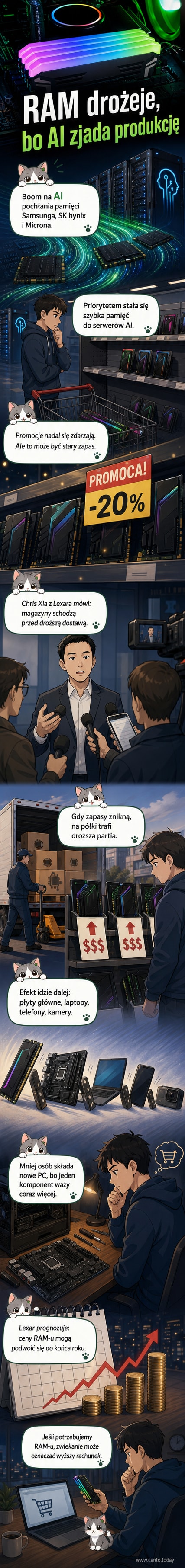 Ilustracja przedstawia rosnący wykres cen RAM na tle układów AI i komputerów osobistych, z symbolem ostrzegawczym nad komputerem PC.