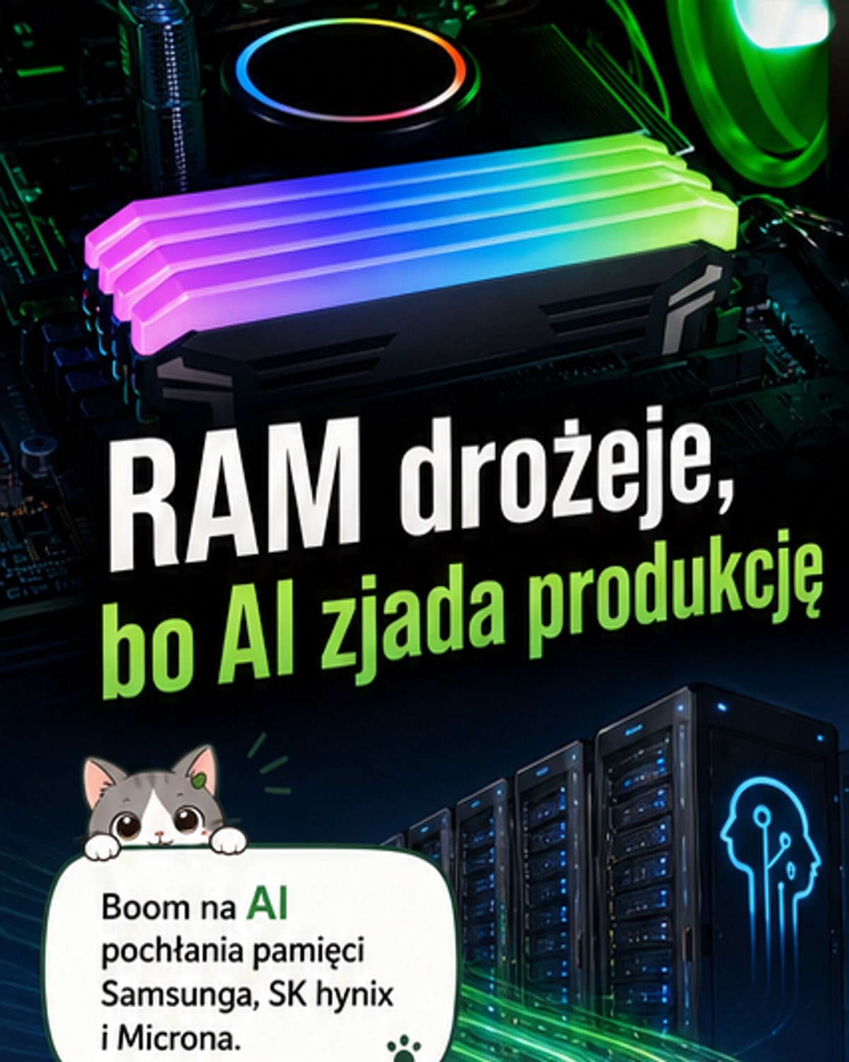 Ilustracja przedstawia rosnący wykres cen RAM na tle układów AI i komputerów osobistych, z symbolem ostrzegawczym nad komputerem PC.