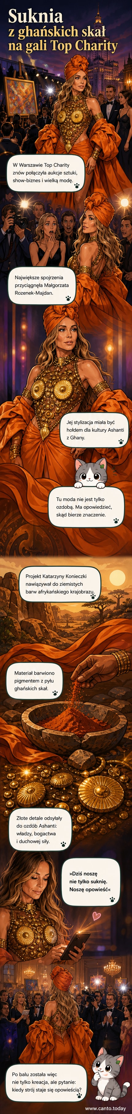 Małgorzata Rożenek-Majdan w długiej, ziemistej sukni z złotymi detalami, stojąca na czerwonym dywanie podczas gali Top Charity.