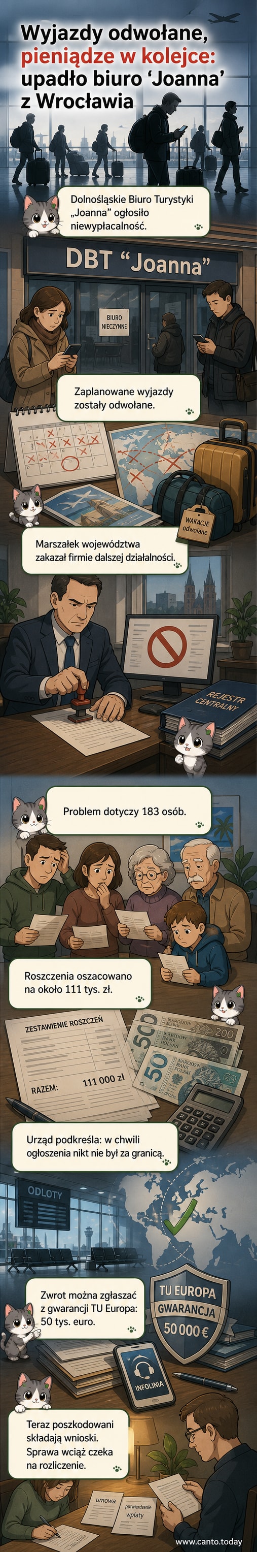 Ilustracja przedstawia zamknięte biuro turystyczne z wywieszonym ogłoszeniem o niewypłacalności, a przed wejściem stoją rozczarowani klienci z walizkami.