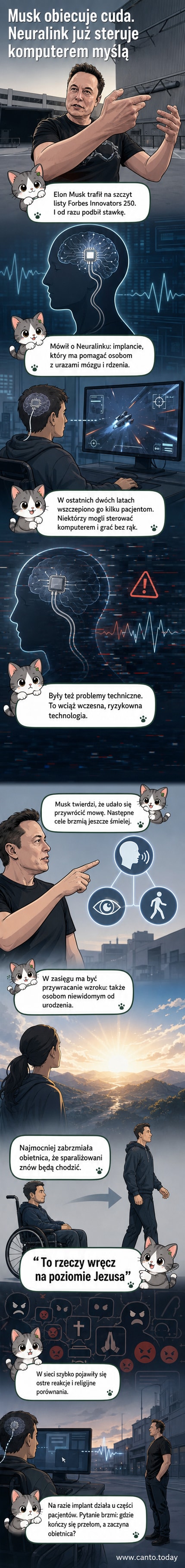 Ilustracja przedstawiająca implant Neuralink w mózgu, z promieniami świetlnymi łączącymi się z komputerem, tło przypomina scenę z cudem — nawiązanie do porównań Muska do Jezusa.