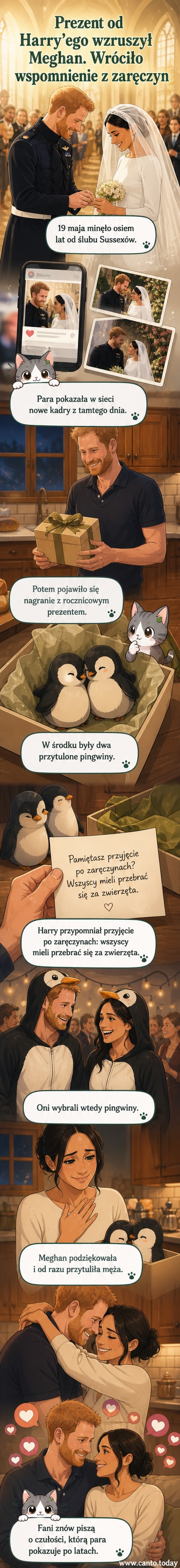 Książę Harry i Meghan Markle uśmiechnięci, trzymający pluszowe pingwiny, w tle stoją dekoracje przypominające ślubne.