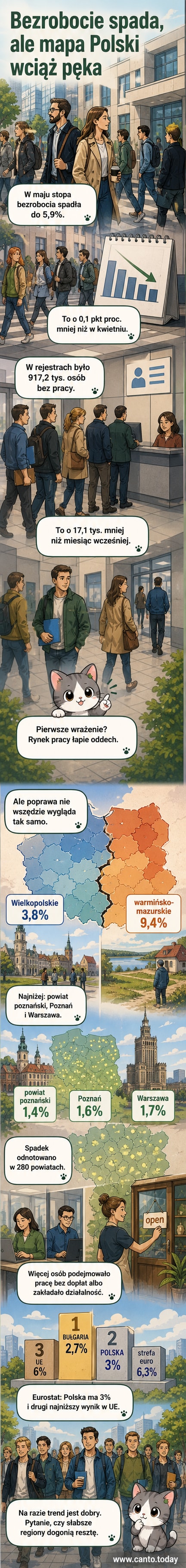 Ilustracja przedstawiająca wykres spadku bezrobocia w Polsce w maju 2026 roku, z zaznaczeniem regionalnych różnic i porównaniem do średniej UE.