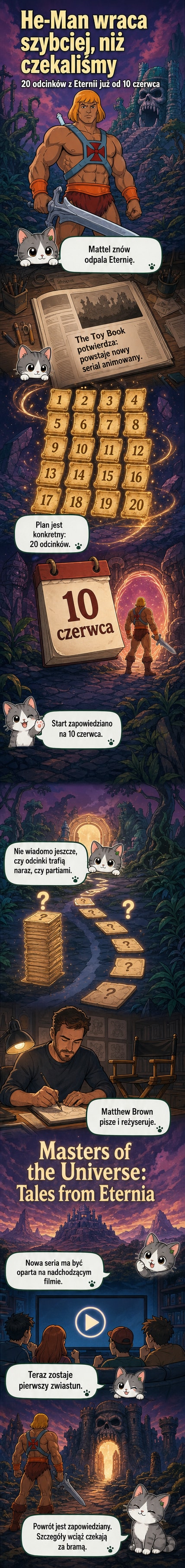 He-Man stojący z mieczem pod niebem Eternii, tło z zamkami i magicznymi formacjami skalnymi, styl nowej animacji