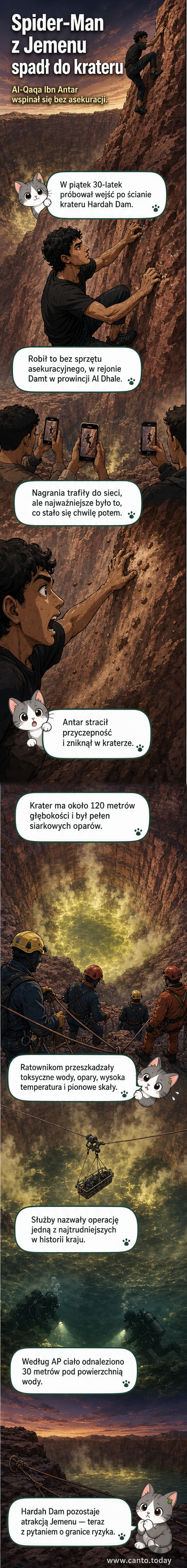 Zdjęcie pokazujące krater wulkanu Hardah Dam, gdzie zginął Al-Qaqa Ibn Antar, z pionowymi ścianami i oznaczeniami ratowniczymi.