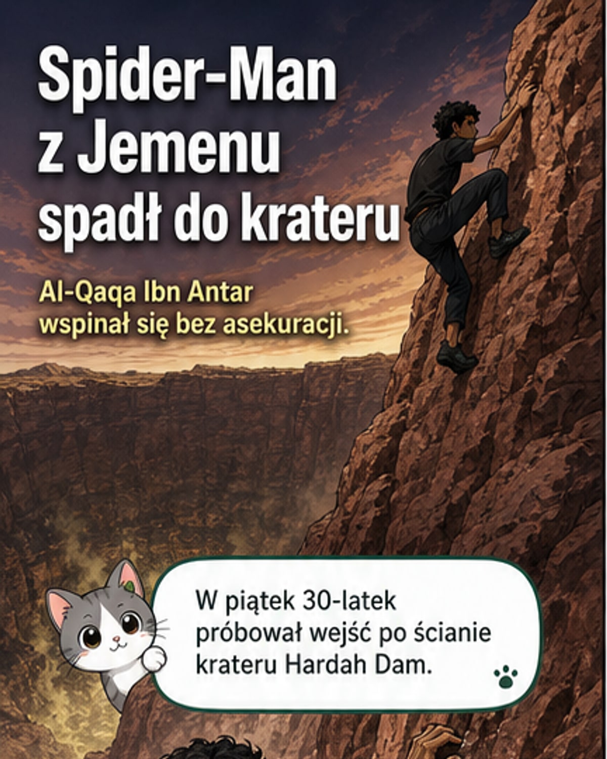 Zdjęcie pokazujące krater wulkanu Hardah Dam, gdzie zginął Al-Qaqa Ibn Antar, z pionowymi ścianami i oznaczeniami ratowniczymi.