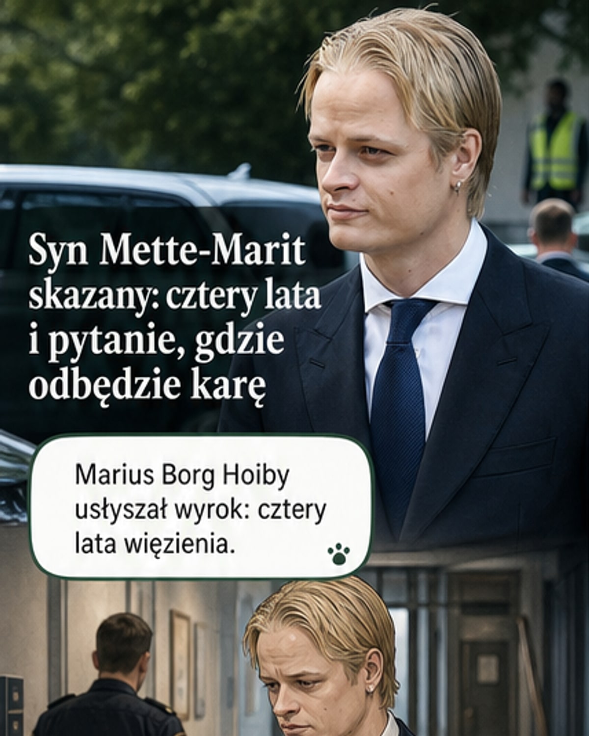 Ilustracja przedstawia sylwetkę mężczyzny w celi więziennej z widokiem na zimowe miasto; w tle symbolika norweskiej rodziny królewskiej