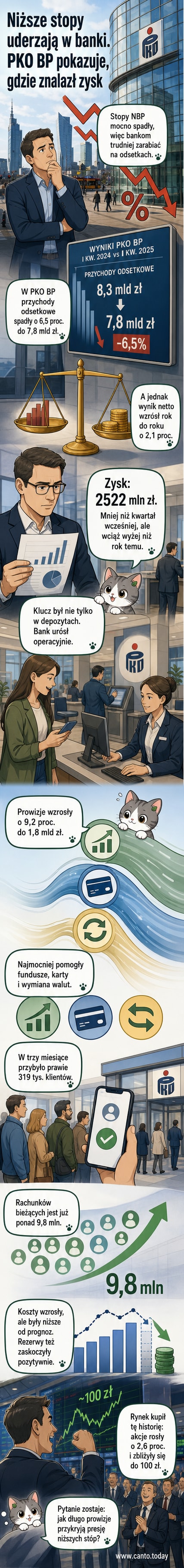 Ilustracja przedstawiająca PKO BP jako główny bank w Polsce, z wykresami wzrostu prowizji i liczby klientów na tle spadających stóp procentowych.