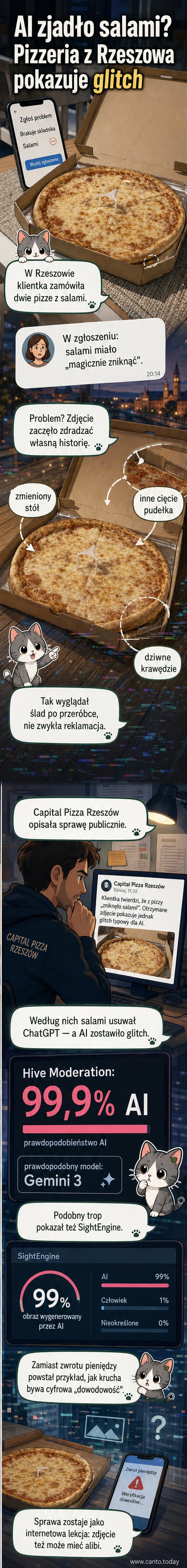 Obok siebie oryginalne zdjęcie pizzy z salami i jej sfałszowana wersja wygenerowana przez AI, bez salami i z nieprawidłowo uciętym pudełkiem.