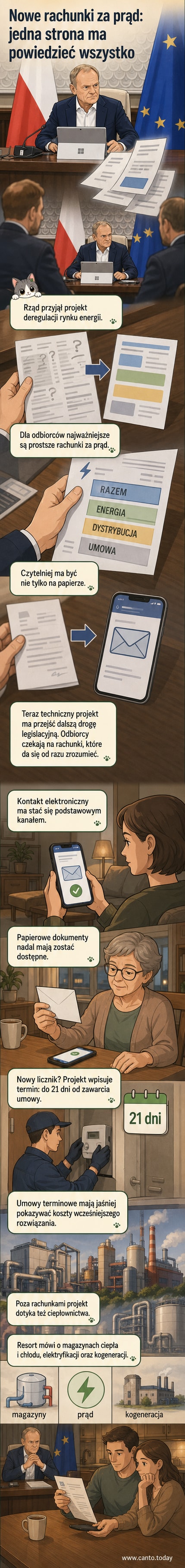 Ilustracja przedstawia zmianę wyglądu rachunku za prąd — stary, skomplikowany wydruk obok nowego, uproszczonego formatu z wyraźnymi pozycjami: kwota do zapłaty, koszt energii, koszt dystrybucji.