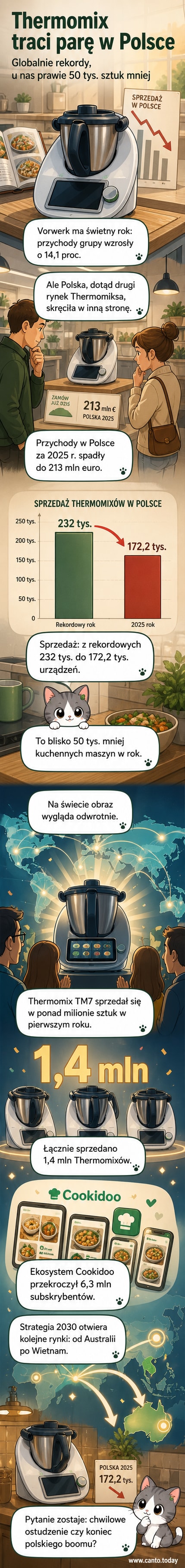 Ilustracja przedstawiająca zestawienie sprzedaży Thermomix w Polsce: spadek o blisko 50 tysięcy sztuk między rekordowym rokiem a 2025 rokiem, na tle grafiki z kuchnią i urządzeniem.