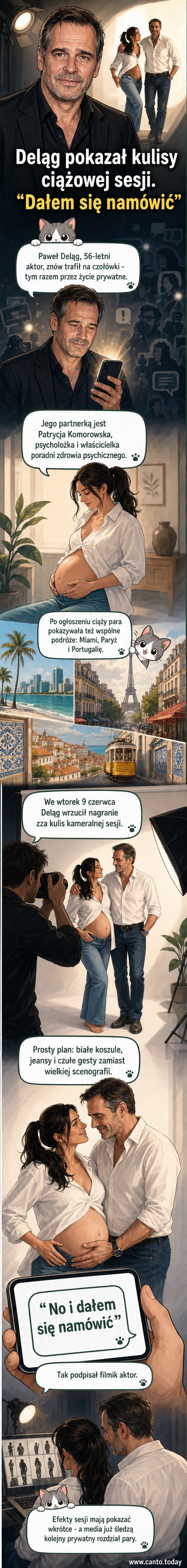 Paweł Deląg i Patrycja Komorowska podczas sesji zdjęciowej, aktor patrzy czule na partnerkę z wyeksponowanym brzuszkiem.