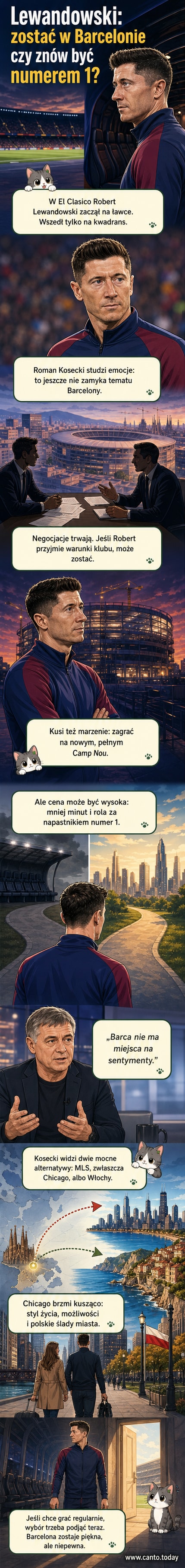 Robert Lewandowski w barwach Barcelony stoi na boisku Camp Nou, z widokiem na pełne trybuny, z myślą o przyszłości między Hiszpanią a USA.