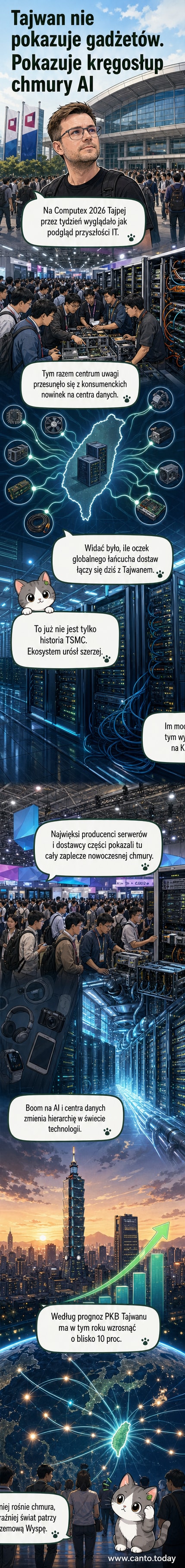 Ilustracja przedstawiającą centralny punkt sieci technologicznej, gdzie Tajwan połączony jest z globalnymi centrami danych, serwerami i producentami komponentów.
