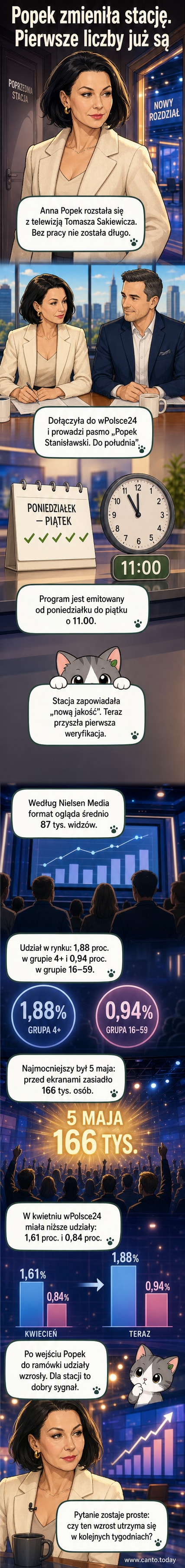 Anna Popek podczas prowadzenia programu w nowej stacji wPolsce24, obok Damiana Stanisławskiego, z danymi oglądalności w tle