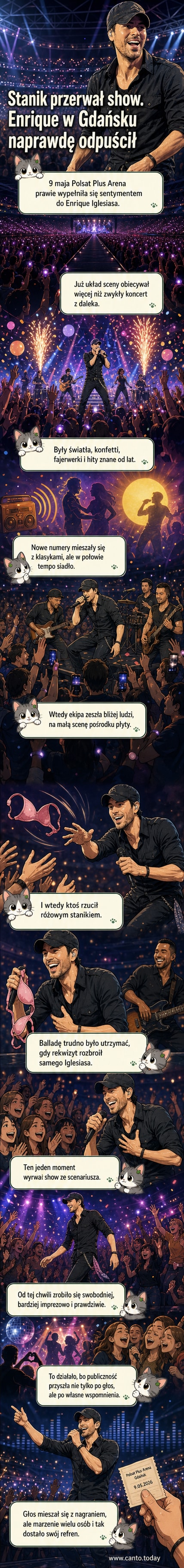 Enrique Iglesias na koncercie w Gdańsku, trzyma w ręku różowy stanik rzzucony przez fanę, uśmiecha się i podnosi go do góry.