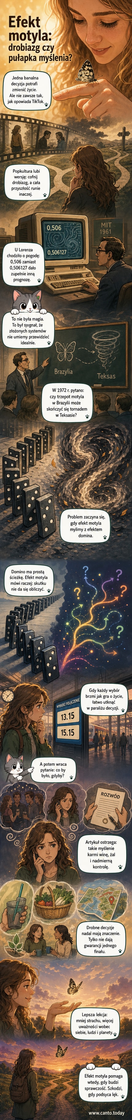 Ilustracja przedstawia motyla siedzącego na dłoni, z tłem wirujących chmur i cyfr, symbolizujących chaos i nieliniowość prognoz. W tle widoczne są linie oddzielające różne wersje rzeczywistości.
