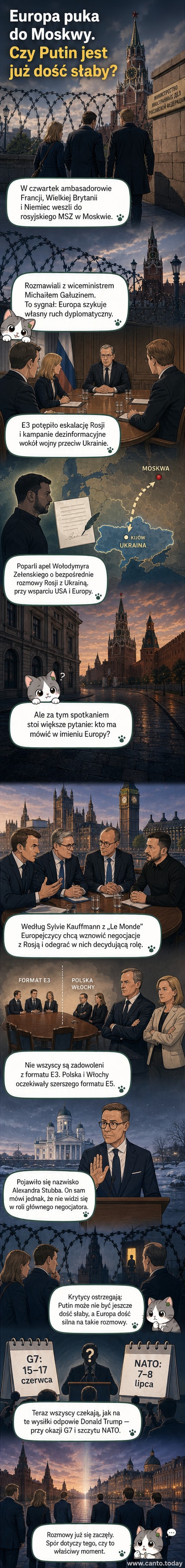 Trzy flagi: Francji, Niemiec i Wielkiej Brytanii, przed tłem moskiewskiego ministerstwa spraw zagranicznych, podczas spotkania ambasadorów z rosyjskim wiceministrem