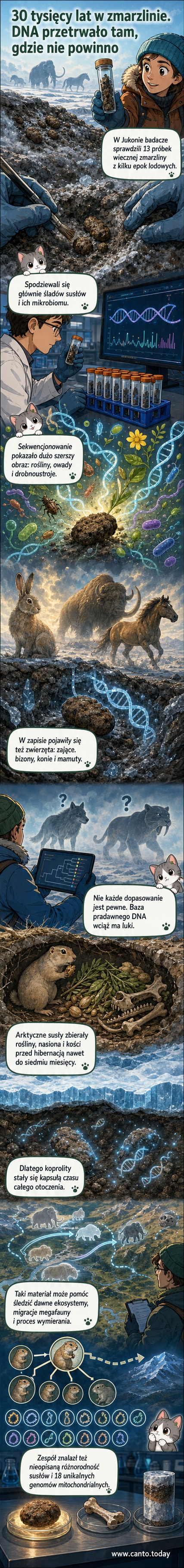 Ilustracja przedstawiająca skamieniałe odchody (koprolity) w osadach wiecznej zmarzliny z Jukonu, z wizualizacją DNA i odbitych w nim organizmów: mamuta, bizona, konia, roślin i owadów.