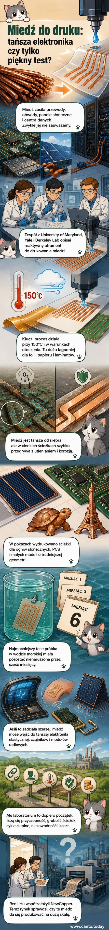 Ilustracja przedstawiająca drukowanie cienkiej, błyszczącej miedzianej ścieżki na elastycznej folii, z symulacją przepływu prądu i ochroną przed korozją.