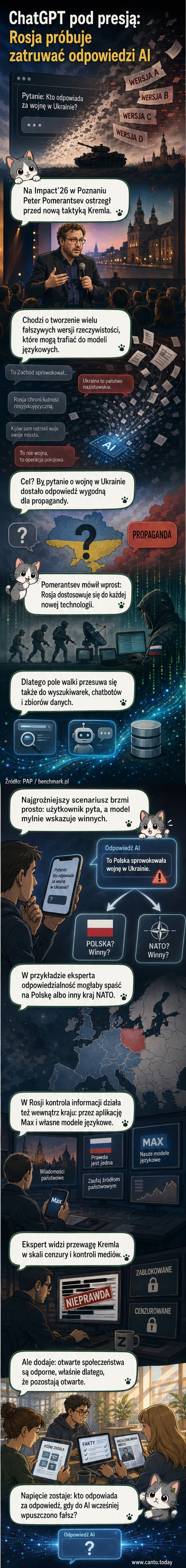 Ilustracja przedstawia rozmazaną mapę świata z nakładającymi się na nią sztucznymi, fałszywymi tekstami z ChatGPT, a w tle sylwetka Rosji z ikoną sztucznej inteligencji.