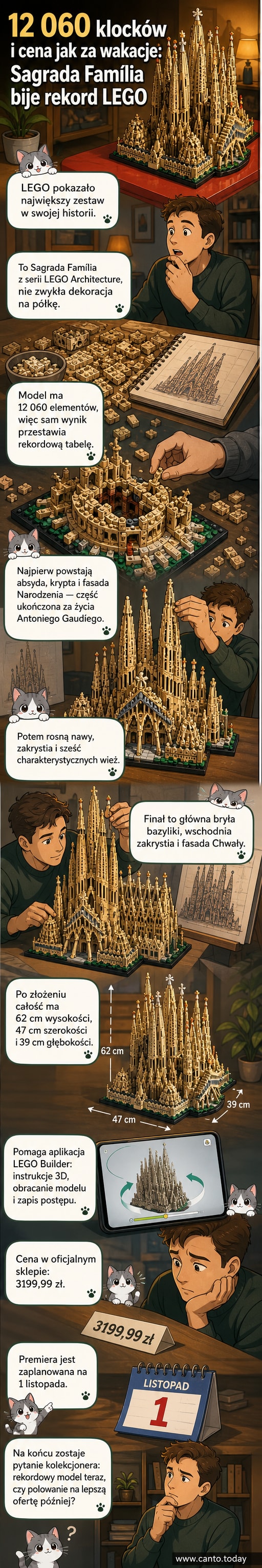 Złożony model bazyliki Sagrada Família z klocków LEGO, ustawiony na podstawce z tabliczką, na białym tle.