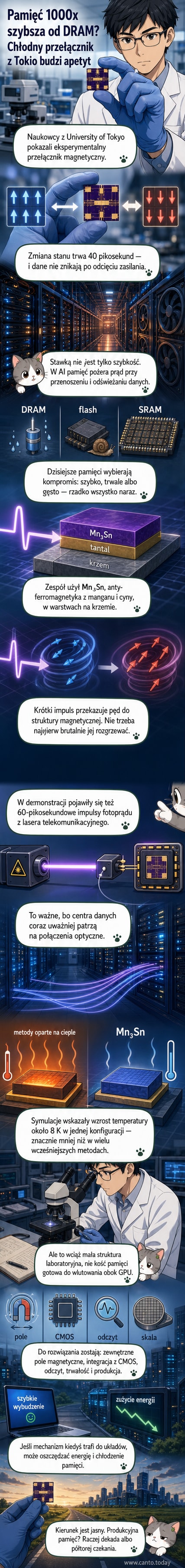 Ilustracja przedstawiająca warstwową strukturę pamięci spintronicznej Mn₃Sn na podłożu krzemowym, z impulsami elektrycznymi i laserowymi wywołującymi zmianę stanu magnetycznego w ułamkach sekundy.