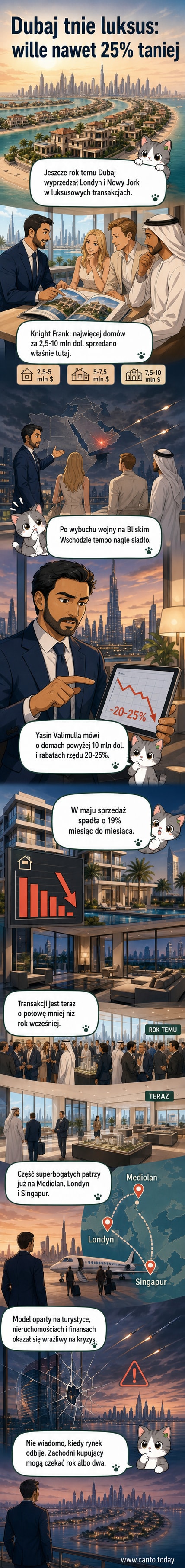 Widok na Palm Jumeirah i Burdż al-Arab w Dubaju, z czerwonymi strzałkami wskazującymi spadek wartości nieruchomości i znakiem procentowym z minusem.