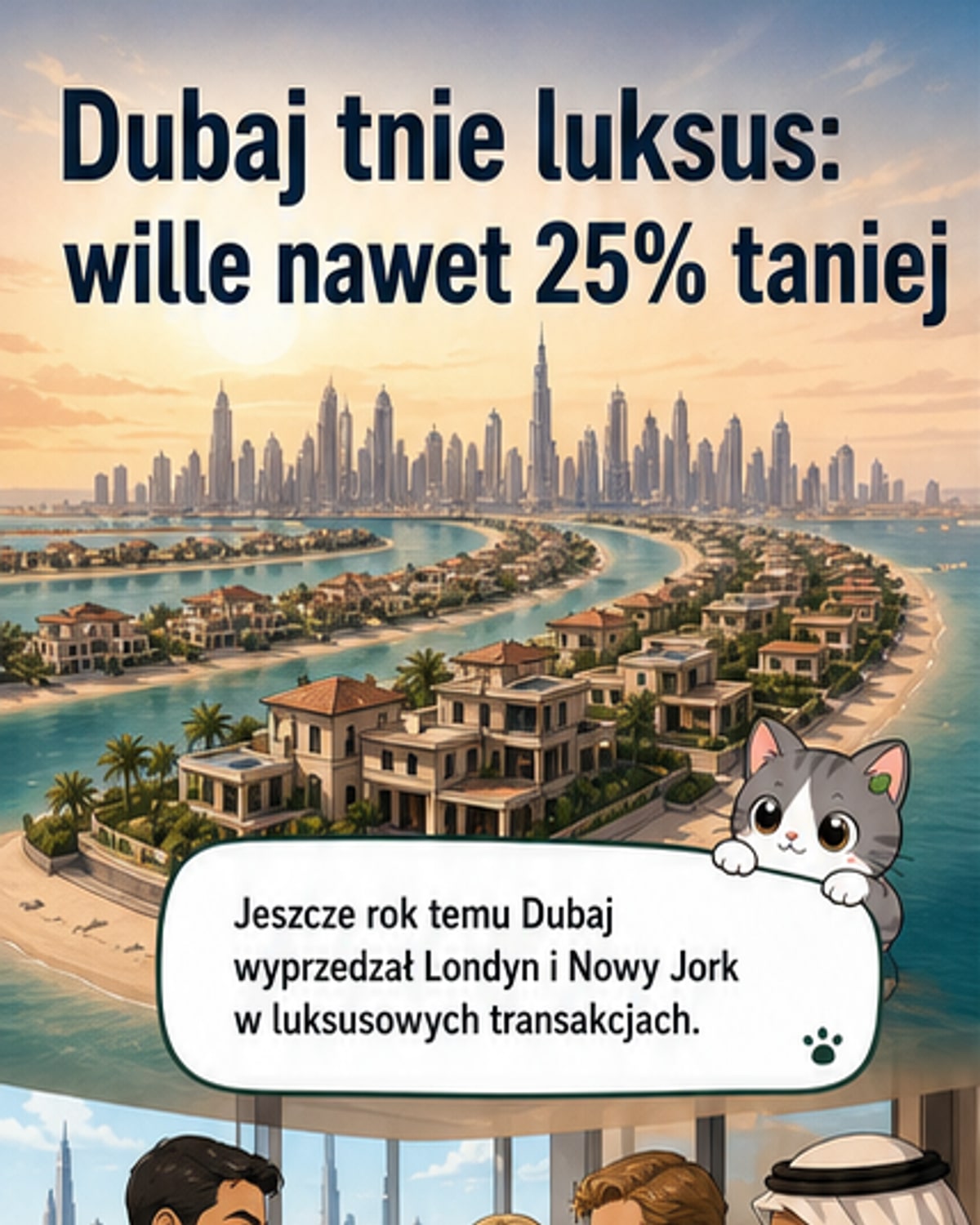 Widok na Palm Jumeirah i Burdż al-Arab w Dubaju, z czerwonymi strzałkami wskazującymi spadek wartości nieruchomości i znakiem procentowym z minusem.