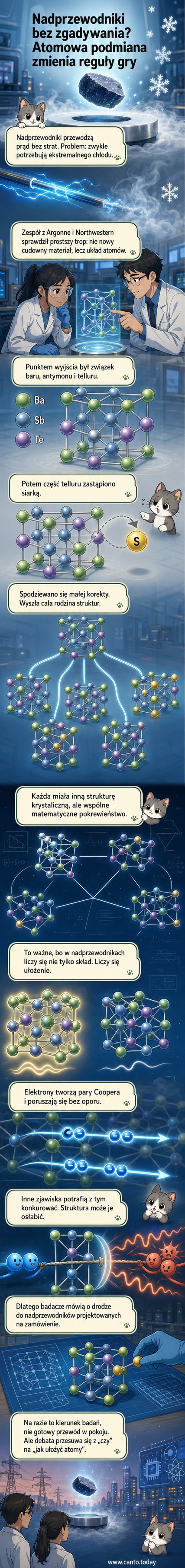 Ilustracja przedstawia sieć atomów w krysztale, gdzie subtelna zmiana jednego typu atomu na inny prowadzi do radykalnej zmiany struktury i właściwości materiału, z podświetleniem różnicy przed i po modyfikacji.