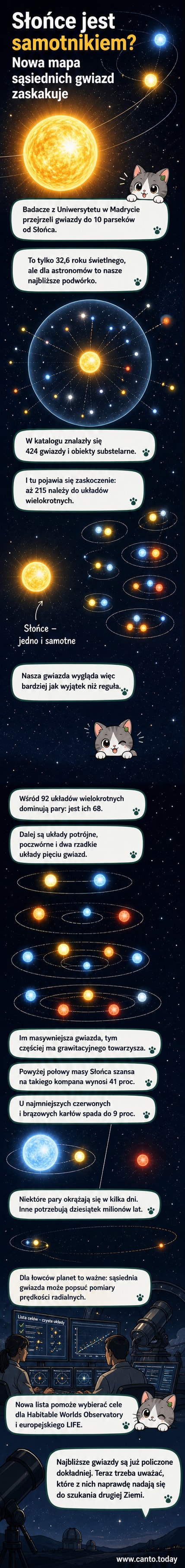 Ilustracja przedstawia przestrzeń wokół Słońca z zaznaczonymi układami gwiazd wielokrotnych – dominują pary i większe grupy, podczas gdy pojedyncze gwiazdy są rzadsze.