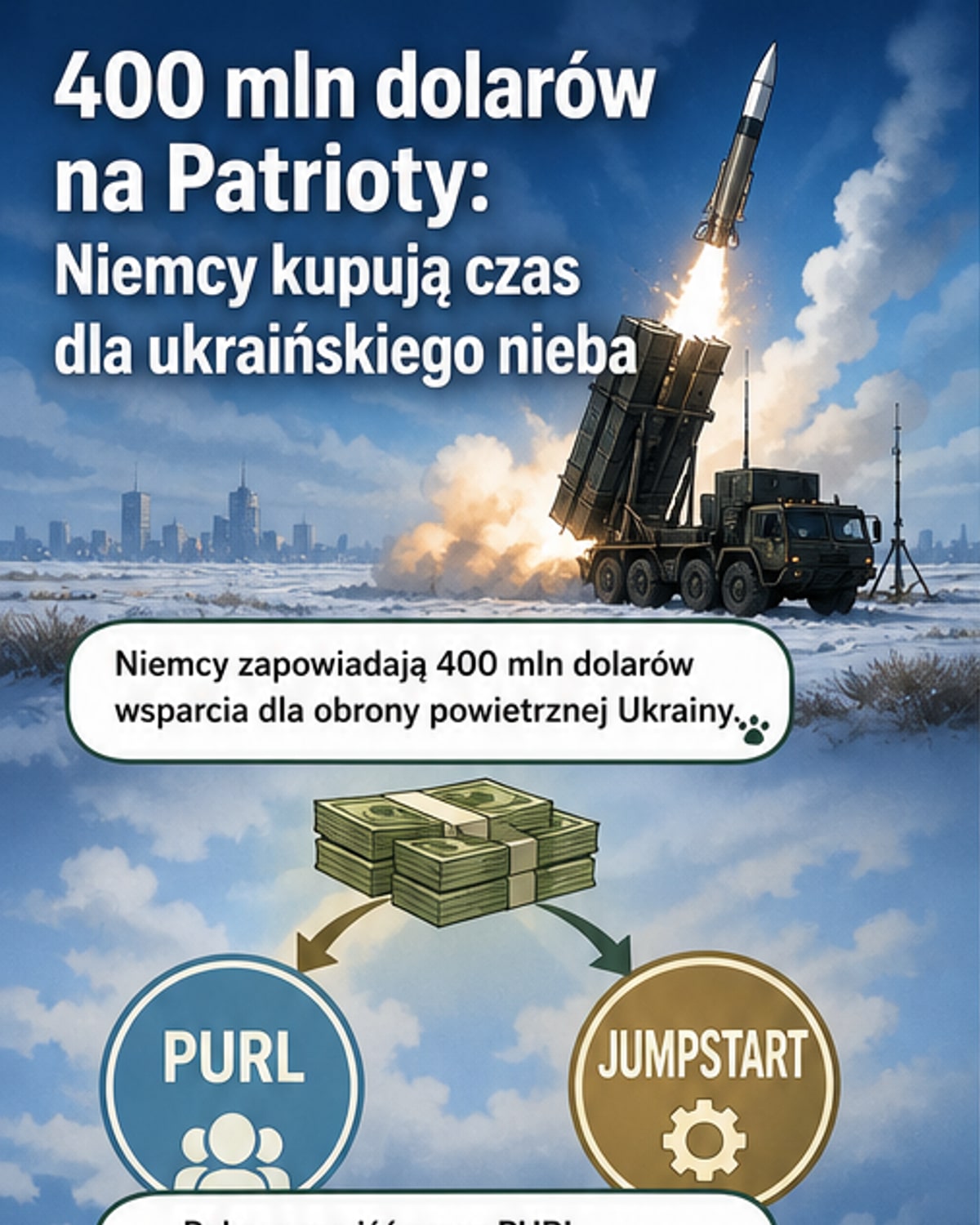 Ilustracja przedstawiająca niemieckiego ministra obrony obok systemów rakietowych Patriot i NOMADS, z symbolem Niemiec i Ukrainy w tle.