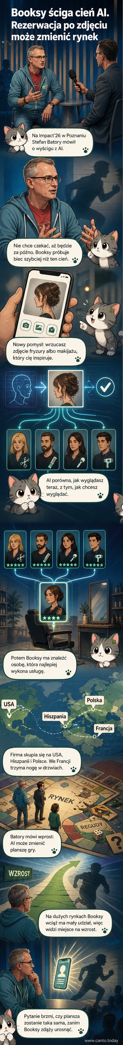 Ilustracja przedstawiająca osobę przeglądającą na telefonie Booksy zdjęcie fryzury, z opcją rezerwacji przez AI.