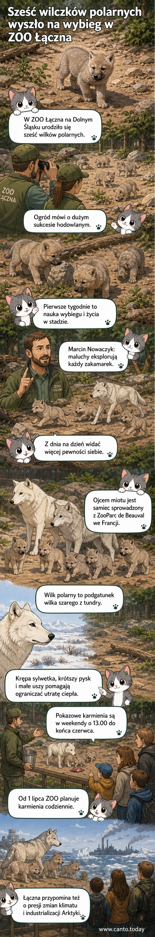Sześć młodych wilków polarnych bawi się na wybiegu w ZOO Łączna, podczas gdy starsze osobniki obserwują je z dystansu.
