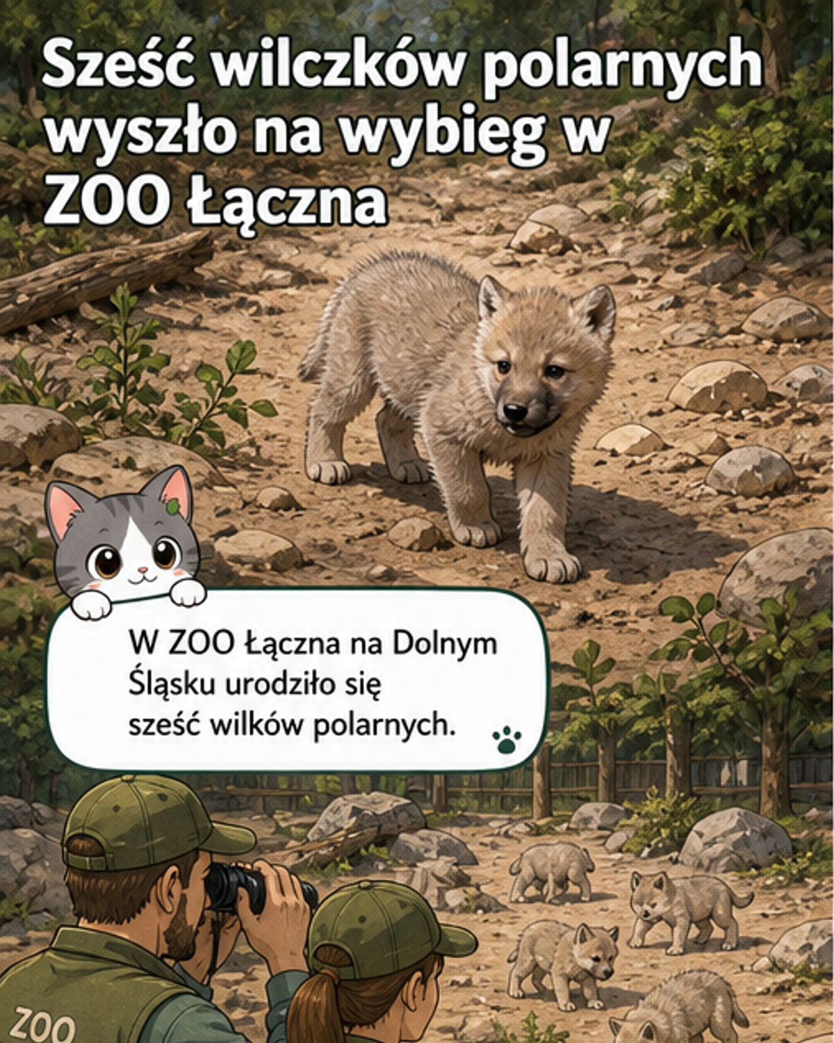 Sześć młodych wilków polarnych bawi się na wybiegu w ZOO Łączna, podczas gdy starsze osobniki obserwują je z dystansu.
