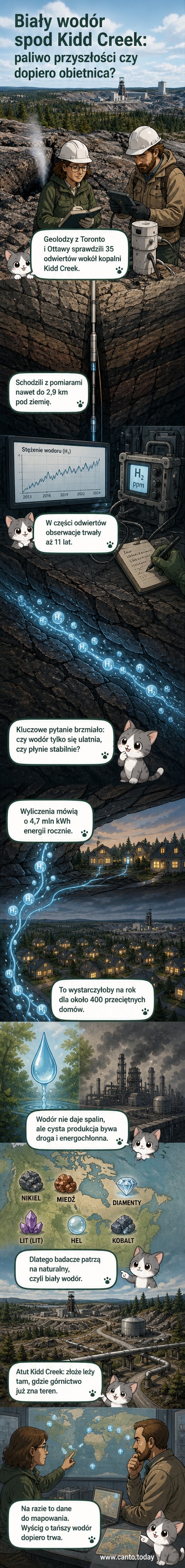 Ilustracja przedstawia przekrój geologiczny kopalni Kidd Creek z emisją naturalnego wodoru z głębokich warstw skał, z domami zasilanymi energią w tle.